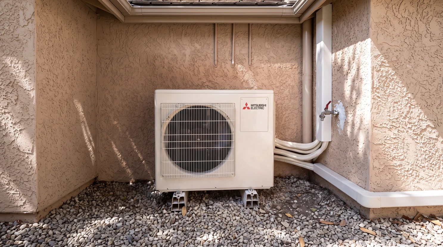 Unité extérieure de climatisation réversible **Mitsubishi Electric** installée contre un mur en stuc beige, posée sur socles plastiques anti-vibratoires, sur lit de galets