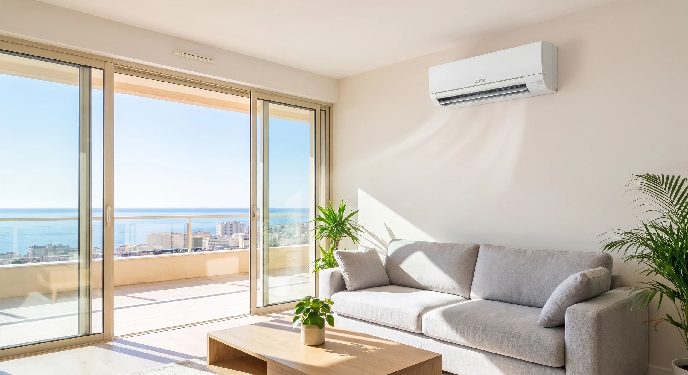 Photographie professionnelle d'un intérieur résidentiel moderne et lumineux en région méditerranéenne, montrant une pièce principale avec baie vitrée panoramique donnant sur balcon ou terrasse. Climatiseur mural Mitsubishi Electric blanc ou noir mat installé discrètement en hauteur, diffusant un léger flux d'air. Intérieur confortable et accueillant avec mobilier moderne, murs clairs, ambiance ensoleillée. L'installation doit être visible mais intégrée harmonieusement, incarnant le confort climatique, la qualité d'installation et la fiabilité d'un interlocuteur de confiance depuis 19 ans d'expertise.