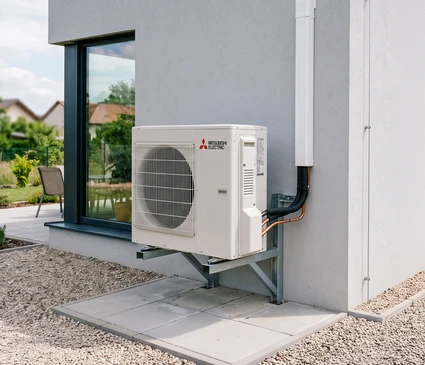 Main tenant une télécommande blanche d'unité de climatisation intérieure, doigt positionné sur le bouton d'alimentation rouge